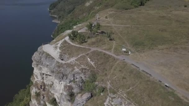 Scenic view rock monastery Bakota on Dniester river, Ukraine — Stockvideo