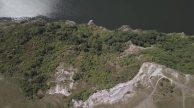 Scenic view rock monastery Bakota on Dniester river, Ukraine