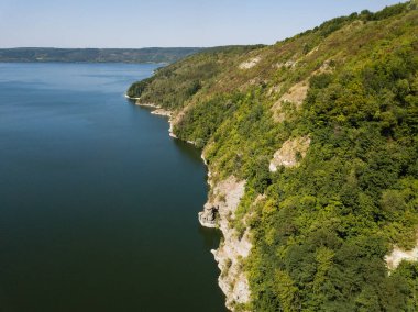 Scenic view rock monastery Bakota on Dniester river, Ukraine