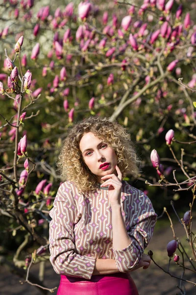 Portrait Blondy Beautiful Girl Curly Long Hair Woman Walks Garden — Stock Photo, Image