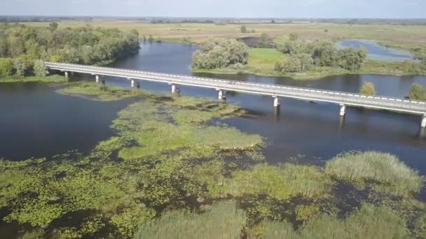 Auto közúti híd felett Desna folyó Csernyik régióban, Ukrajna — Stock videók