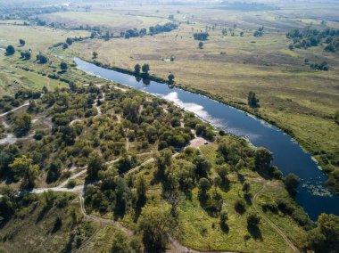 Desna nehrinin havadan görünüşü, Ukrayna 'nın Chernihiv bölgesinde yaz günü dökülen orman ve sızıntılar