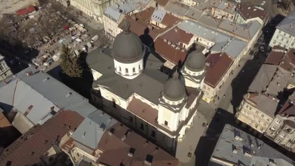 Légi Kilátás Jézus Krisztus Templomára Átalakulás Város Történelmi Központja Lviv — Stock videók