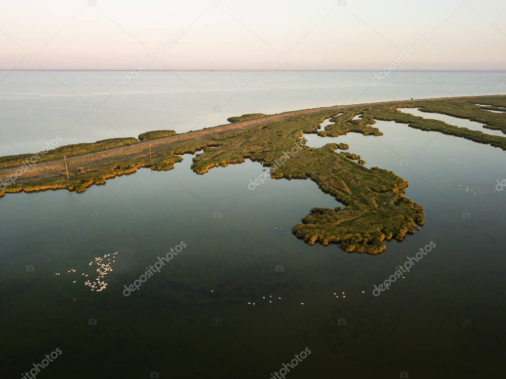 Aerial view of Tuzly Estuary National Nature with breeding grounds of pelicans on it, Tatarbunary region, Odessa oblast, Ukraine