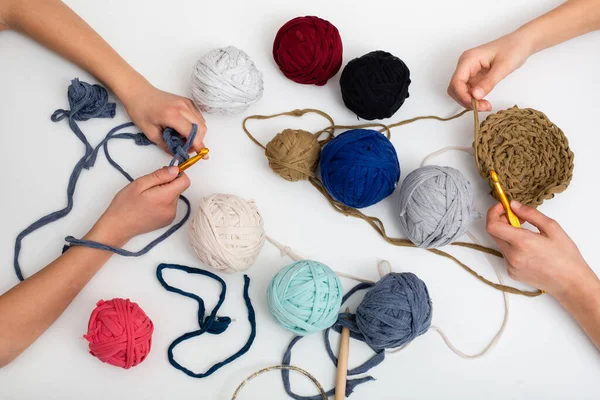 Different Colored Balls Yarn Children Hands Crocheted Thread View Frome — Stock Photo, Image