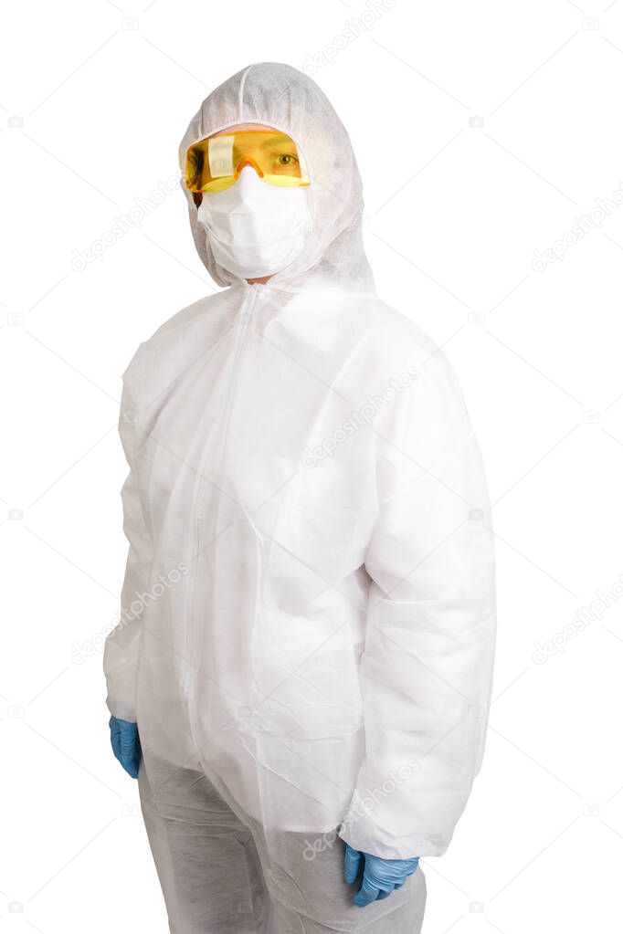 Doctor in disposable anti-epidemic suit wearing a mask and glasses isolated on white background