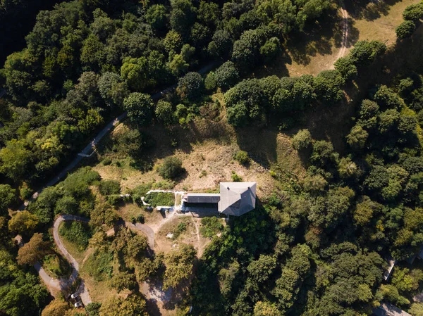 Güneşli bir günde tepedeki yıkık ortaçağ Halych Kalesi 'nin havadan görünüşü, Halych, Ivano-Frankivsk bölgesi, Ukrayna