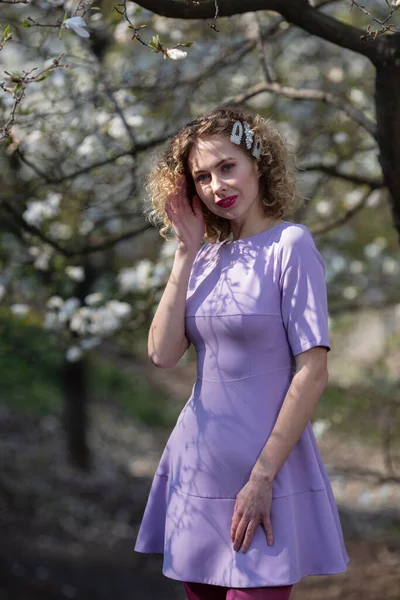 Portrait Beautiful Girl Curly Long Hair Violet Dress Walks Garden — Stock Photo, Image