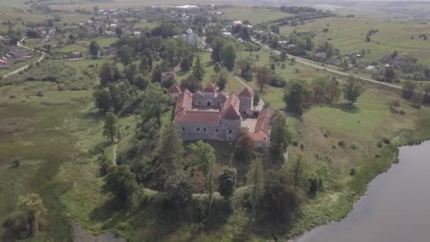 Luftaufnahme Der Berühmten Ukrainischen Landschaft Zerstörte Burg Svirzh Erbaut Von — Stockvideo