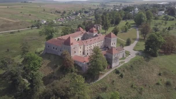 Veduta Aerea Sul Famoso Paesaggio Ukraniano Rovinato Castello Svirzh Costruito — Video Stock