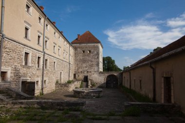 Svirzh, Ukrayna - 23 Temmuz 2009: Ünlü Ukrayna manzarası. Ortaçağ şatosu Svirzh, Lviv bölgesi, Ukrayna