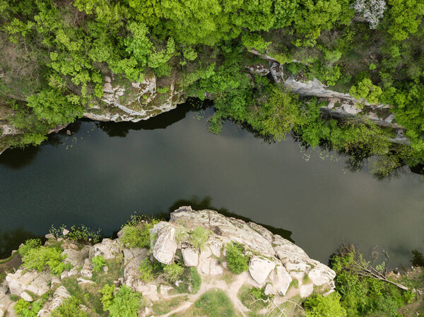 Aerial amazing view to Buky Canyon on sunny day. Buki Canyon on the Hirskyi Tikich river, Cherkassy region, Ukraine