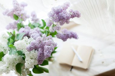 Hafif arka planda bahar leylak ile natürmort. 