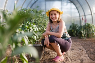 Çocuk yazın serada sebzelerle ilgilenmeye yardım ediyor.