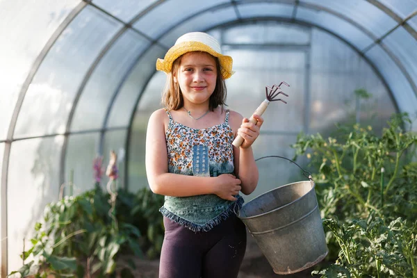 Bambino Serra Estate Che Aiuta Prendersi Cura Delle Verdure — Foto Stock