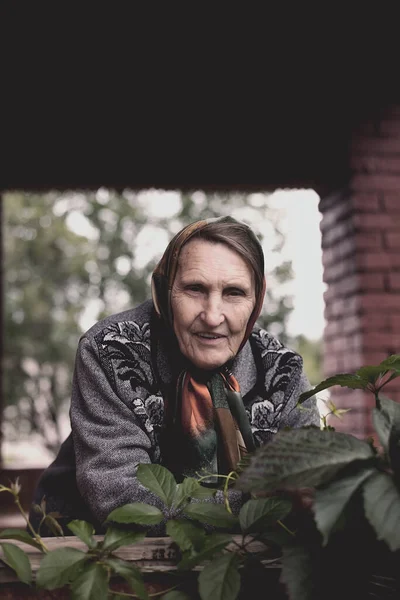 Elderly Woman Porch Country House Autumn Day — Stock Photo, Image