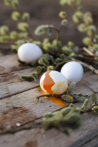 Ovos Galinha Branca Fundo Madeira Com Branche Salgueiro — Fotografia de Stock