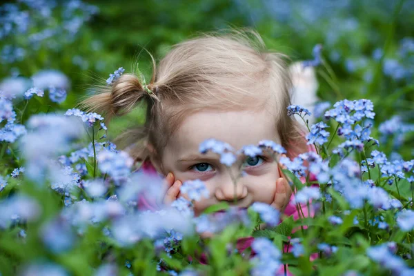 Porträt Eines Zweijährigen Mädchens Mit Vergissmeinnicht Blumen — Stockfoto