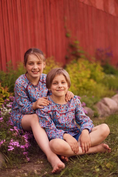 夏天的日子里 乡下有两个穿蓝色衣服的小妹妹 — 图库照片