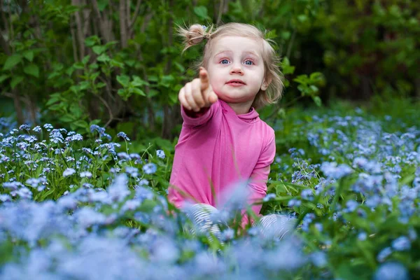 Retrato Menina Dois Anos Com Flores Esquecer Nots — Fotografia de Stock