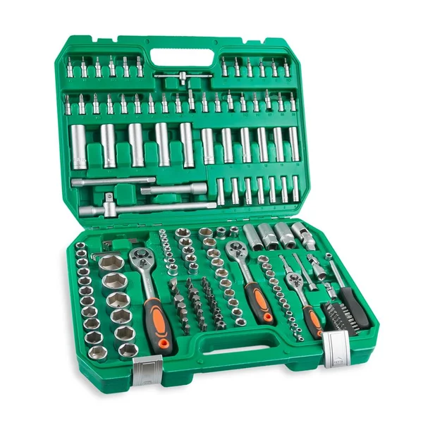 Chaves de metal ou cromo e outras ferramentas em uma mala de close-up — Fotografia de Stock