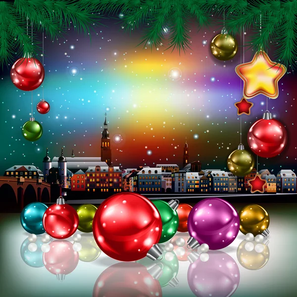 Vánoční pozdrav s panoramatem města — Stockový vektor