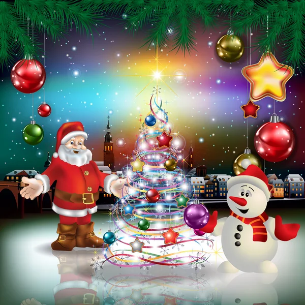 Karácsonyi üdvözlőlap-panoráma, a régi város Santa Claus és a hóember — Stock Vector