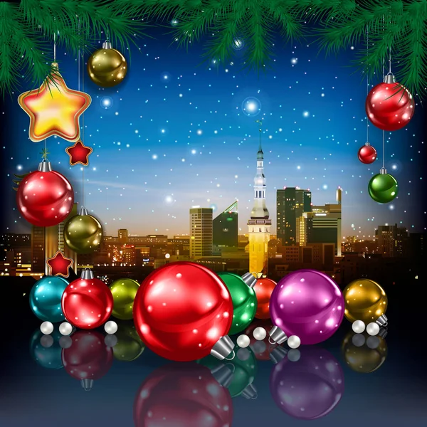 Vánoční pozdrav s panoramatem města — Stockový vektor
