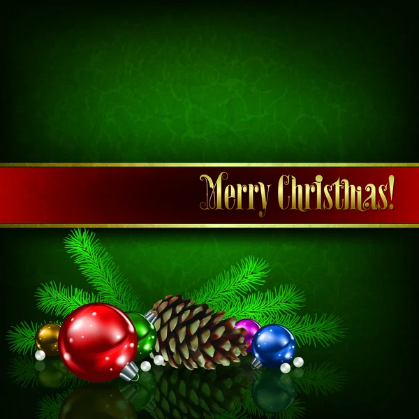 Saludo de celebración con decoraciones navideñas en grunge verde — Vector de stock