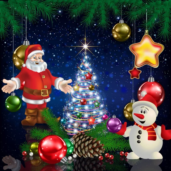 Saudação de celebração com árvore de Natal e flocos de neve — Vetor de Stock
