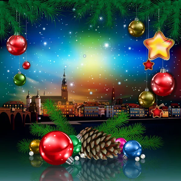 Christmas greeting with panorama of city — Stock Vector