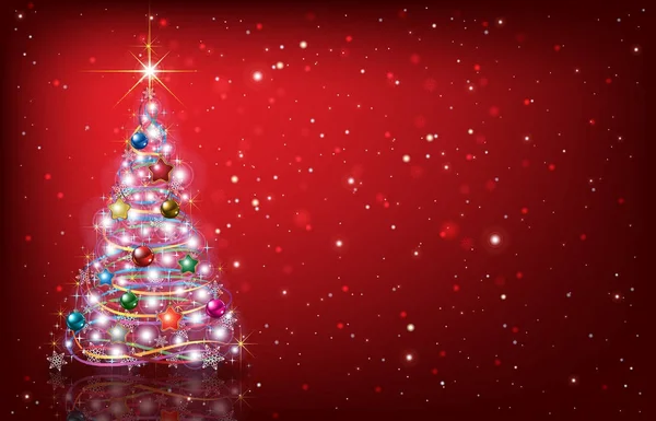 Gratulationskort med julgran på röd bakgrund — Stock vektor