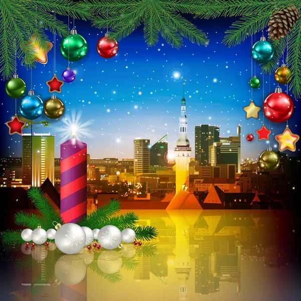 Ilustracja uroczystości z krajobrazem miasta Tallin i Boże Narodzenie — Wektor stockowy