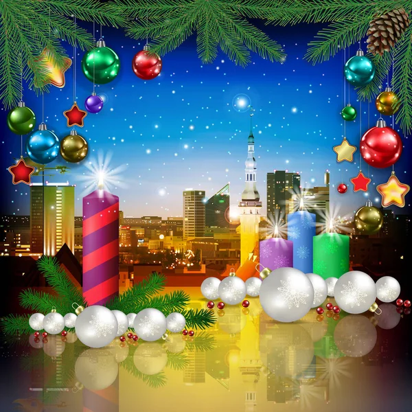 Ilustracja uroczystości z krajobrazem miasta Tallin i Boże Narodzenie — Wektor stockowy