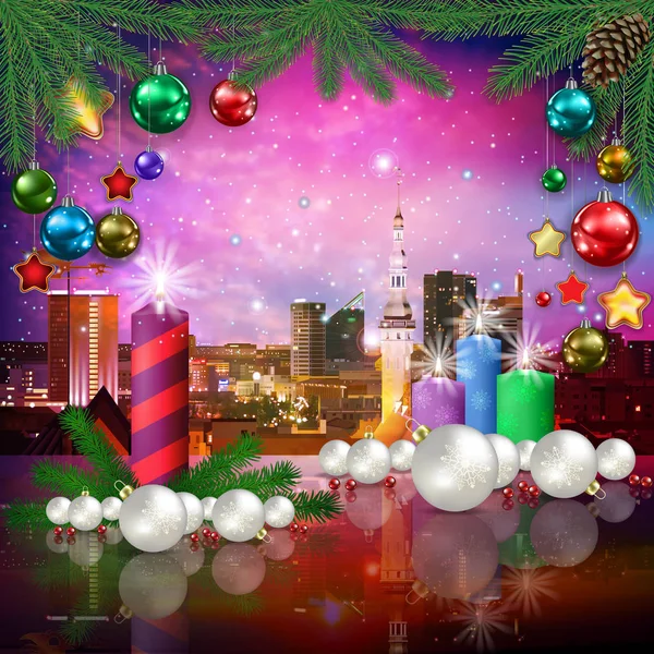 庆祝图例与城市景观塔林和圣诞节 — 图库矢量图片