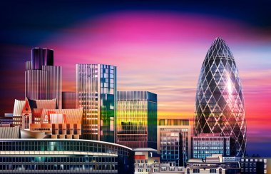 Gün batımında Londra şehir manzaralı soyut pembe illüstrasyon