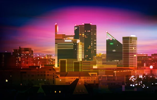 Illustration rose abstraite avec paysage urbain de la ville au coucher du soleil — Image vectorielle