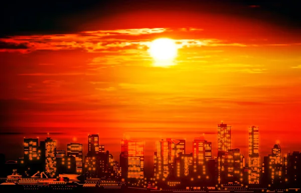 Resumo ilustração vermelha com paisagem urbana de Vancouver ao pôr do sol — Vetor de Stock