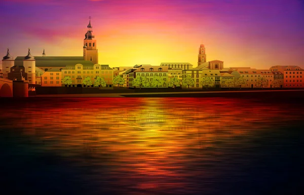 Abstrato vermelho pôr do sol fundo com violett céu e panorama de — Vetor de Stock