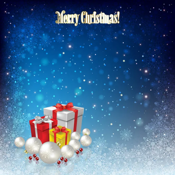 Abstrakter Hintergrund mit Weihnachtsgeschenken und Dekorationen auf blauem Grund — Stockvektor