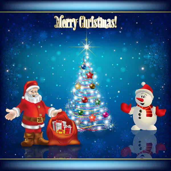 Abstrakter Hintergrund mit Weihnachtsbaum, Weihnachtsmann und Schneemann — Stockvektor