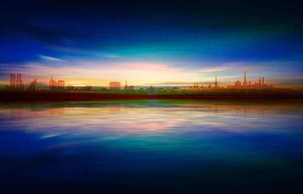 Abstrait fond de printemps avec coucher de soleil bleu et silhouette de Ta — Image vectorielle