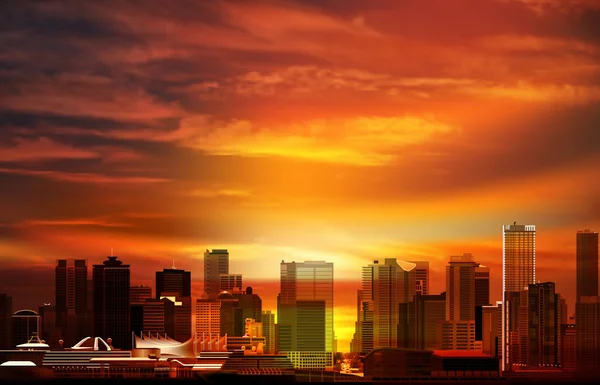 Abstrakcyjne wiosenne tło ze wschodem słońca czerwone chmury i panorama — Wektor stockowy