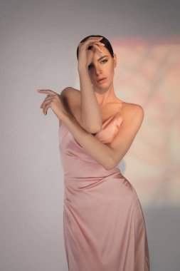 Zarif, şık elbiseli bir kadın. Stüdyoda pembe gece kıyafetleri içinde güzel bir model. Klasik ipek elbise. Seksi bayan beyaz arka planda kalsın. Klasik saç stili ve makyajlı mükemmel bir genç kadın.. 