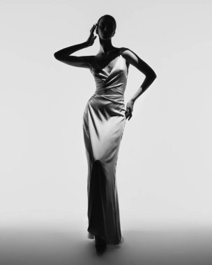 Zarif, şık elbiseli bir kadın. Stüdyoda akşam kıyafetleri içinde güzel bir poz. Klasik ipek elbise. Seksi bayan beyaz arka planda kalsın. Klasik saç stili ve makyajlı mükemmel bir genç kadın.. 