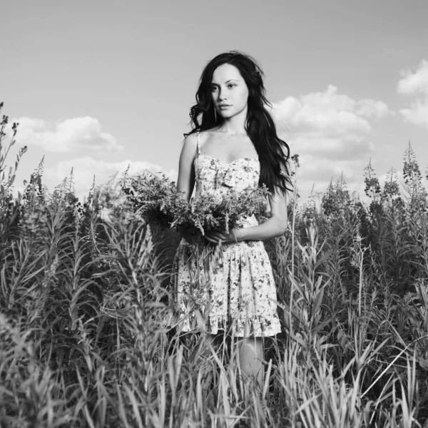 Potret Seorang Wanita Cantik Padang Rumput Bunga — Stok Foto