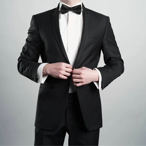 Photo Stylish Man Elegant Black Suit Tie Fashionable Young Model — Stock Photo, Image