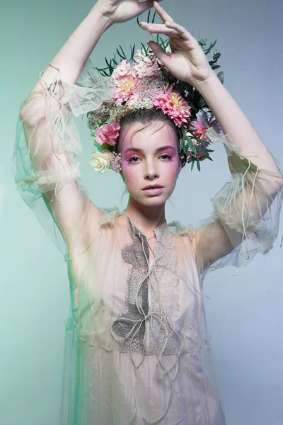 Fashion Art Photo Beautiful Lady Flower Diadem Spring Summer Portrait — Stock Photo, Image