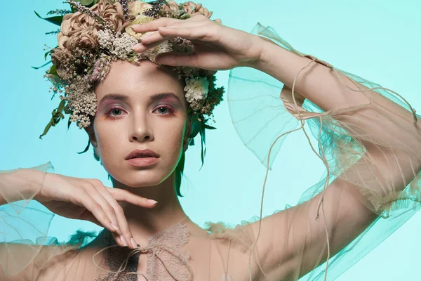 Modekunst Foto Der Schönen Dame Blume Diadem Frühjahrs Und Sommerporträt — Stockfoto