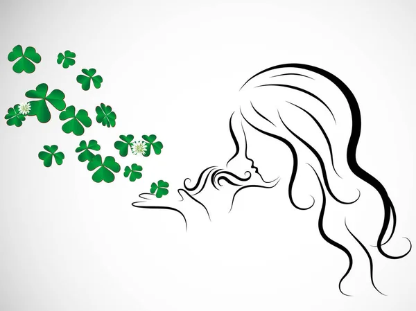 Woman blowing to clover leaves — Stock Vector